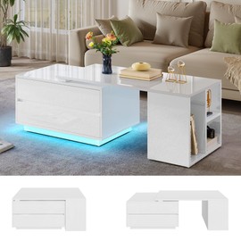 YITAHOME Extendable LED Coffee Table with 4 Storage Drawers, High Glossy LED Coffee Tables for Living Room, Modern Wooden Rectangle Cocktail Table with Open Shelves & Sliding Tabletop 35"- 61", White