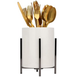 LOUIE SILNA Kitchen Utensil Holder, 15 cm / 10 cm Large Utensil Holder for Kitchen Counter, Table Protector Metal Frame, Heavy and Sturdy Ceramic, No Wobbling, Easy to Clean, White and Black