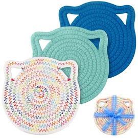 YONOVO 7" Cotton Trivets Set, 3Pcs Cute Cat Ear Pot Holders Woven Hot Pads Mats Thick Heat Resistant for Pots and Pans Round Hot Plate Holder Washable Potholders Kitchen Farmhouse Gift Blue