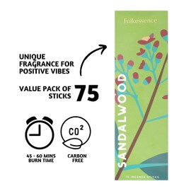 Folkulture Sandalwood Incense Sticks - Pack of 75 Incense Sticks Sandalwood, Natural and Non Toxic Incents for Meditation & Spiritual Practice - Organic Insence-Sticks or Inscents-Sticks