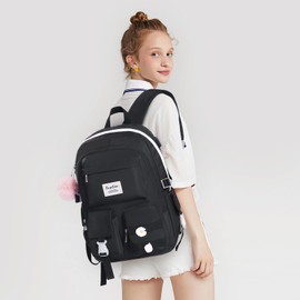 YAMTION School Backpack for Teen Girls,15.6in Laptop Backpack Kids Bookbag for Middle School College Students,Cute School Bag for Women,Black