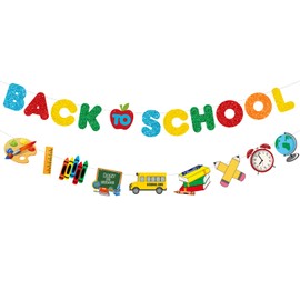 PTFNY Colorful Glitter Back to School Banner and Pattern Banner First Day of School Classroom Garland Banner with Apple Drawing Board Ruler Crayon School Bus Signs Students Back to School Party Decorations Supplies