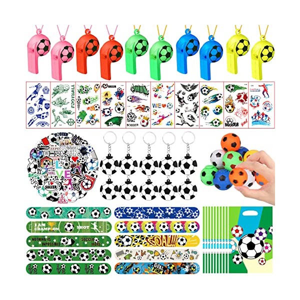 JOISHOP 112pcs Football Party Bags Fillers, Football Party Favors Set Football Key Chains, Wristbands, Whistles, Stickers, Football Toys for Kids Boys Girls Birthday Gift