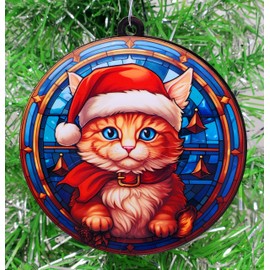 Generic Santa Kitten Cat Stained Glass Themed Ornament