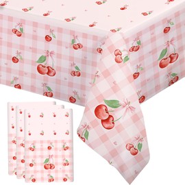 MEHOFOND 3 Pcs Fruit Theme Cherry Tablecloths, 108 x 54 Inch Red and Pink Cherry Tablecloths, Cherry Themed Baby Shower Decorations Disposable Plastic Table Cover Party Supplies