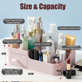 FOREVERIE Makeup Organisers Drawer, Plastic Cosmetic Case Storage, 1 Tier Desk Organiser Display, Jewellery Organiser Box for Bathroom, Bedroom and Home Office, Pink (Small)