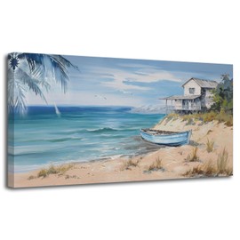 Arjun Blue Coastal Wall Art Beach Sailboat Turquoise Picture Seascape House Painting, Palm Tree Tropical Ocean Sea Framed Artwork for Living Room Bedroom Office Home Wall Decor Extra Large 58"x29"