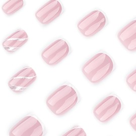 Virellay Pack of 24 Square French Short Press On Nails, Nails for Sticking, French Design Silver Glitter Lines, Short Artificial Fingernails Short for Women (French Silver Lines, 24 Pieces)