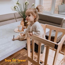 True Tot Toddler Tower - Folding Montessori Kitchen Stool for Children | Safety Rail & Non-Slip Rubber Feet | Adjustable Height | Solid Wood Construction Supports up to 100 lbs | Foldable for Storage