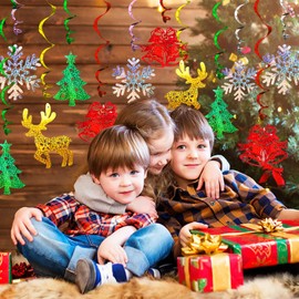 Christmas Decorations Hanging Swirl 30 Packs Xmas Decorations Merry Christmas Elk Sliver Snowflake Green Christmas Tree Golden Jungle Bell Glitter Foil Ceiling Hanging String Garland.