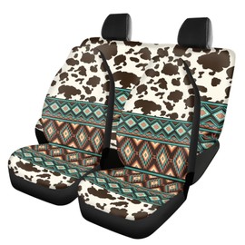 Dreaweet Aztec Seat Covers for Cars SUV Trucks,Brown Cow Print Car Seat Covers Full Set Vehicle Seat Protector Set of 4,Cute Cow Print Car Accessories for Women Interior