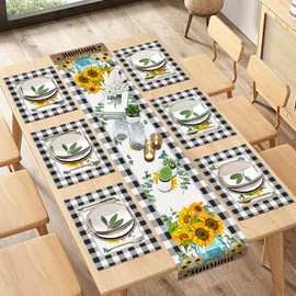 ArtSocket Sunflower Table Runner and Placemats Set of 6, Black White Buffalo Plaid Floral Flower Dining Table Decor for Daily Use(1 Table Runner 72 inches Long and 6 Placemats)