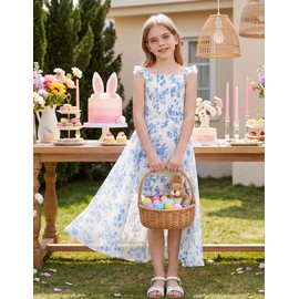 GRACE KARIN White Dress for Girls Spring Summer Blue Floral Maxi Party Dresses Tie Back Size 5-6