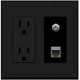RiteAV - (2 Gang Decorative 15A Power Outlet Coax Black Shielded Cat6 Wall Plate Black
