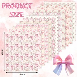 FYSUIMU 12Pcs Pink Bow Flower Cotton Fabric Bundles Vintage Rose Bowknot Fat Quarters Watercolor Sewing Fabrics for DIY Craft Party Decor, 18 x 22 Inch
