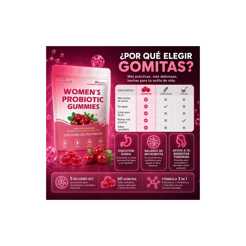 60 Gomitas Arándano Probiótico Apoyo Digestivo Femenino