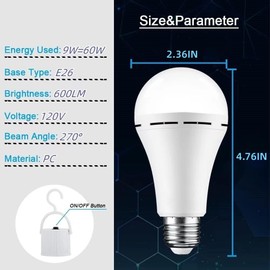 NOTOC Rechargeable Light Bulbs 9W,Battery Operated Powered LED Light Bulb 600Lumen 3000K Warm White for Power Outage,Camping,Outdoor Activity,Hurricane,Pack of 4