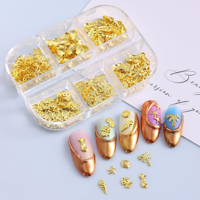 Furtherpretty 3D Beach Nail Charms Set, Alloy Gold Silver Seashell