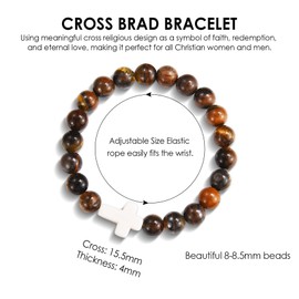 Christian Cross Bracelet for Women Men - Natural Bead Bracelets, Religious Cross Healing Bracelets, Stretch Charm Crystal Anxiety Bracelets for Birthday Christmas Christian Easter Gifts, Tiger Eye