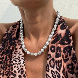 Pearl Necklace for Women Men Faux Pearl Necklace Adjustable Gothic Chain Chunky Statement Hiphop Rock Y2K Jewelry (Pearl Silver)