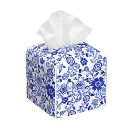 Tissue Box Cover,Blue and White Porcelain Flowers Pu Leather Square Tissue Box Cover Case Decorative Organizer for Bathroom Vanity Countertop Night Stands Office Desk & Car 5.2X5.2X5.2''
