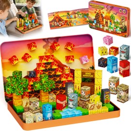 hunloot Dinosaur Magnetic Blocks Travel Toy: 1.48lb 100PCS Volcano Tin Set, 7 Dinos 2 Explorers 60-Min Multi-Kid Story, N32 Quiet Road Trip Car Airplane Activities Toys for Kids Boys Girls Ages 3-8