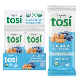 Tosi Plant Based Protein Bars, 12G Protein (Pack of 12, 2.4oz Bars), Vegan Bars, Crunchy Snacks, Cashew Blueberry Bars with Flax & Chia Seeds, Gluten Free, Omega 3s