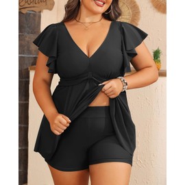 Plus Size Tankini Set Swimsuit - Women Two Piece Bathing Suit with Shorts Ruffle Sleeve Swimwear 2025 Black