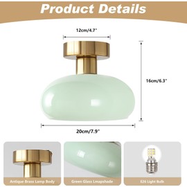 KCO Lighting Nordic Green Glass Flush Mount Ceiling Light Large Globe Ceiling Lights Modern Brushed Gold Semi Flush Mount Ceiling Light Fixture for Bathroom Hallway Entryway