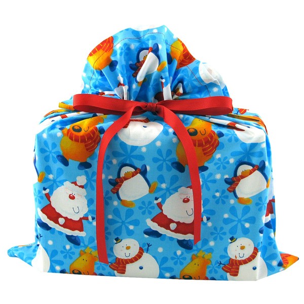 North Pole Buddies Reusable Christmas Bag - Santa, Snowman, Reindeer on Blue Fabric (Medium 17 Inches Wide by 18.5 Inches High)