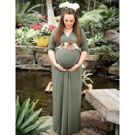 KIM S KIM S Maternity Dress Photoshoot Shoot Baby Shower Maxi Boho Fall Winter Christmas Pregnancy Clothes for Mommy to Be Cotton (Grey Green L)