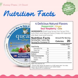 Three Lollies Queasy Drops Sugar Free - Natural Sour Raspberry Flavor - Ease Chemotherapy Nausea & Travel Sickness - Alleviates a Dry Mouth - Natural Ingredients - 21 ct
