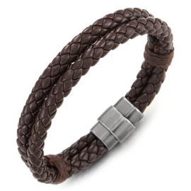 Two-Row Dark Brown Braided Leather Bangle Bracelet Men Women, Leather Wristband with Magnetic Clasp