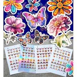 Stickers Pack (Over 150 Stickers) Gorgeous Summery Flowers and Butterflies Vintage Styled Small Vinyl Stickers White Holographic Transparent