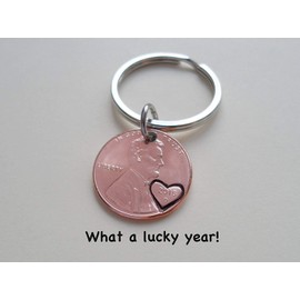 2018 US One Cent Penny Keychain with Heart Around Year; 7 Year Anniversary, Couples Keychain