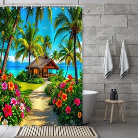 Beach Ocean Palm Tree Shower Curtain Seaside Grass House Floral Tropical Hawaii Waves Seascape Holiday Bathroom Fabric Shower Curtains Sets with 12 Hooks 72x72 Inch,Waterproof Bath Accessories