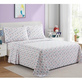 Marina Decoration Kids Girls Toddlers Cute Printed 600 Thread Count Soft Deep Pocket Cotton Blend Percale All Season 3 Pieces Bedding Sheet Set, Cartoon Mermaid Pattern Twin/Single Size