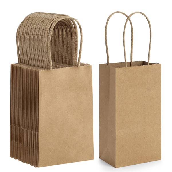 BagDream 50 Pack 3.5x2.4x6.7 Inches Small Kraft Paper Gift Bags with Handles Bulk Mini Party Favor Bags Candy Bags 100% Recyclable Brown Paper Bag