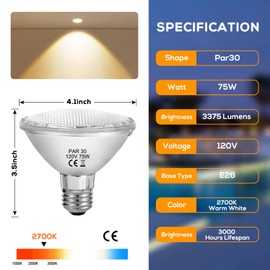 Homnebila PAR30 Short Neck 75W, 6 Pack PAR30 Halogen Flood Light Bulbs, 2700K, Dimmable, Long Lasting PAR30 Light Bulb 120V with E26 Base for 5-6in Recessed/Ceiling Cans/Accent/Tracking Lighting