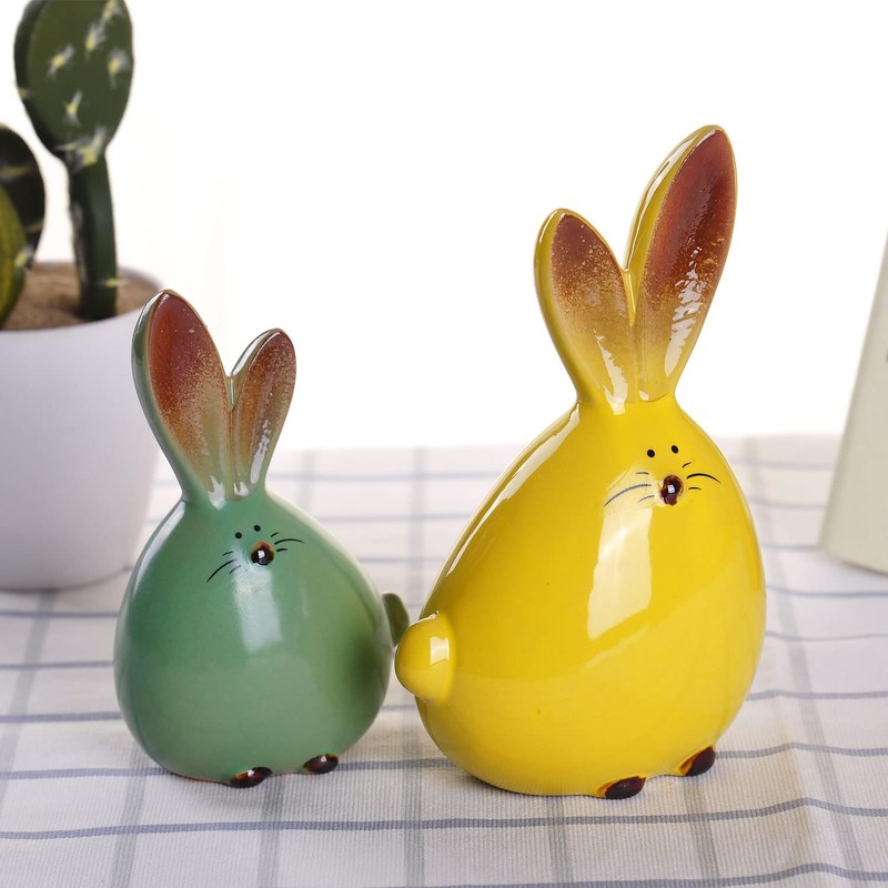 WHJY 2pcs Cute Long-Eared Bunny Sculpture Ornaments Desktop Ceramic Easter