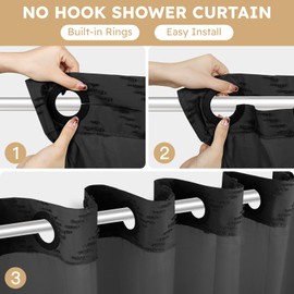 FADOTY No Hook Shower Curtain and Liner Set, Black Snap in Shower Curtain Ringless Chevron Tufted Cloth Waterproof Washable Fabric Bath Curtain with See Through Top Window for Bathroom Hotel 71" x 74"