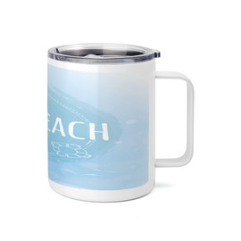 Lunarable Myrtle Beach 10 Oz Steel Mug, South Carolina Beach Lettering with Sun Umbrella and Starfish Sketch, Vacuum Insulated Leak-resistant Cup for Outdoor Hiking and Picnics, Pale Blue White Blue