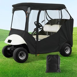 Panglong 2 Passengers EZGO Enclosure-600D, Waterproof Multifunctional Polyester Cover with Openable Front Windshield, 2 Door Zippers, 4 Side Clear Window and Windproof Hooks, Fit EZGO TXT RXV Cart