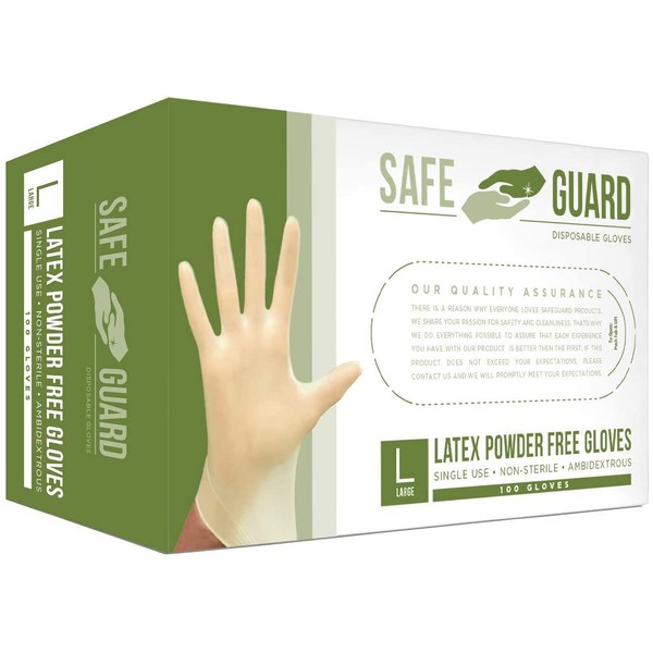 SAFEGUARD Latex Powder Free Gloves, Large, 100 Count