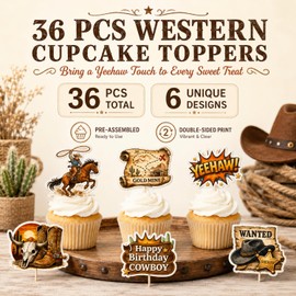 ALISSAR 36 Pcs Western Cowboy Cupcake Toppers, Birthday Party Decor