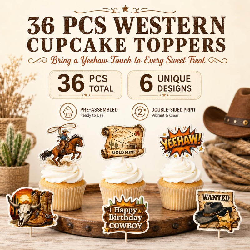 ALISSAR 36 Pcs Western Cowboy Cupcake Toppers, Birthday Party Decor