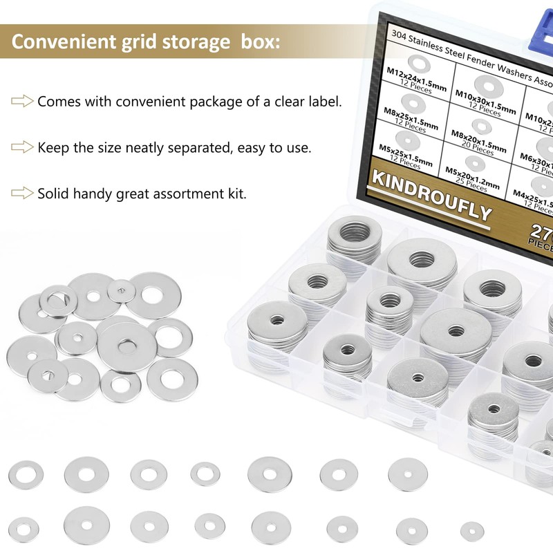 Kindroufly 270 Pieces 15 Sizes Large Fender Washers Assortment Kit,