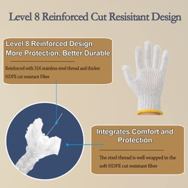 Dowellife Level 8 Reinforced Cut Resistant Gloves, Food Grade, Knife Safety Gloves for Meat Cutting, Oyster Shucking, Fish Fillet, Kitchen Slicing and Wood Carving, White, X-Large