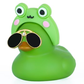 AOT Green Rubber Duck with Cute Frog Headband,Squeaky Duck for Jeep Ducking Car Dashboard Decoration Party Favors Creative Gifts Duck with Mini Black Sunglasses