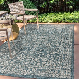 JONATHAN Y SMB104B-3 Malta Bohemian Medallion Textured Weave Indoor Outdoor Area Rug, Coastal, Traditional, Transitional Easy Cleaning,Bedroom,Kitchen,Backyard,Patio,Non Shedding, Teal/Gray, 3 X 5